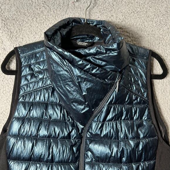 Calvin Klein Vest Womens L Blue Metallic Funnel Neck Puffer Repellent Full Zip - Picture 2 of 11